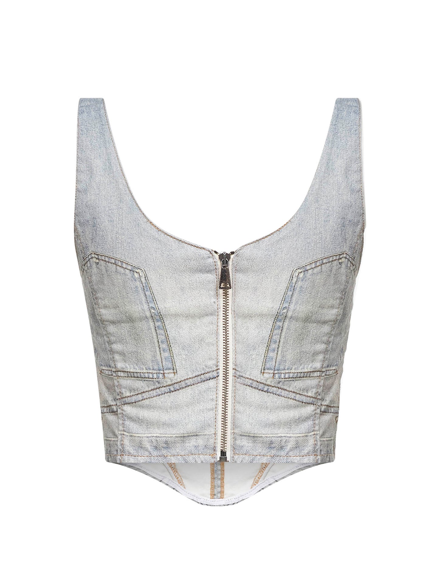 Top a corsetto Elsie in denim beige stampa trompe l'oeil