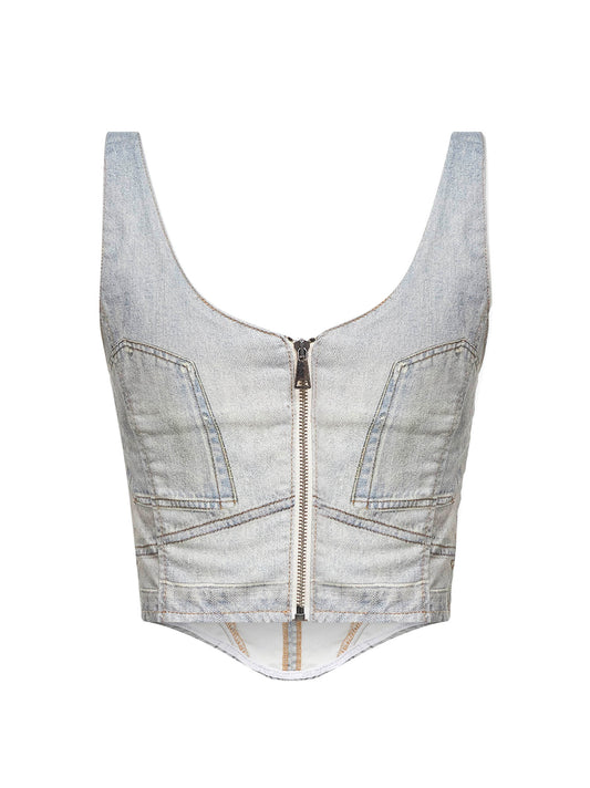 Top a corsetto Elsie in denim beige stampa trompe l'oeil