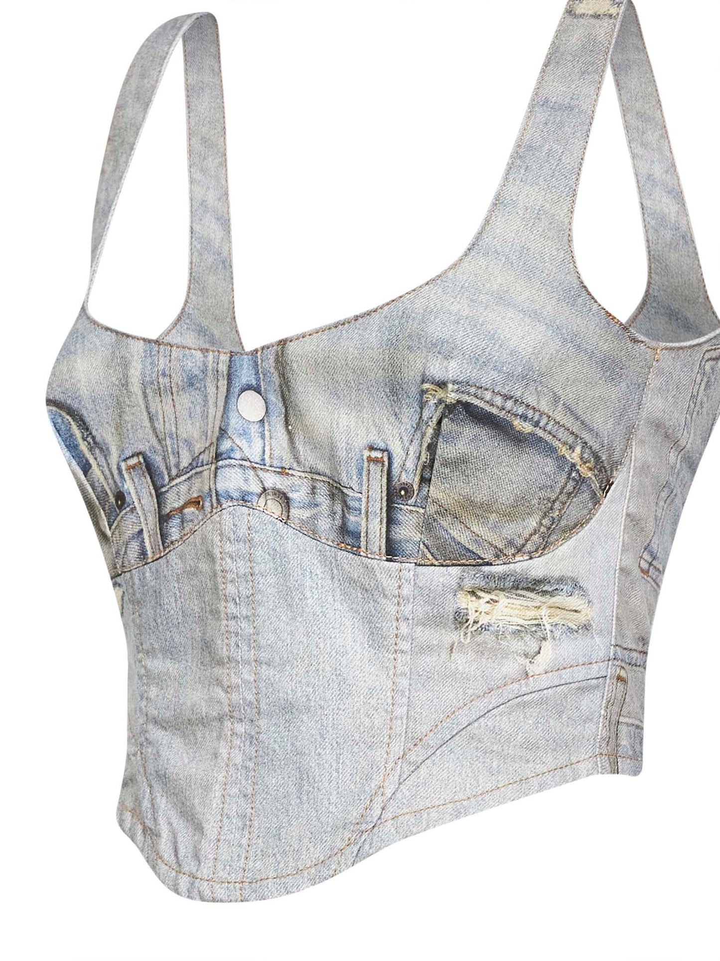 Top a corsetto Elsie in denim beige stampa trompe l'oeil