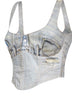 Top a corsetto Elsie in denim beige stampa trompe l'oeil