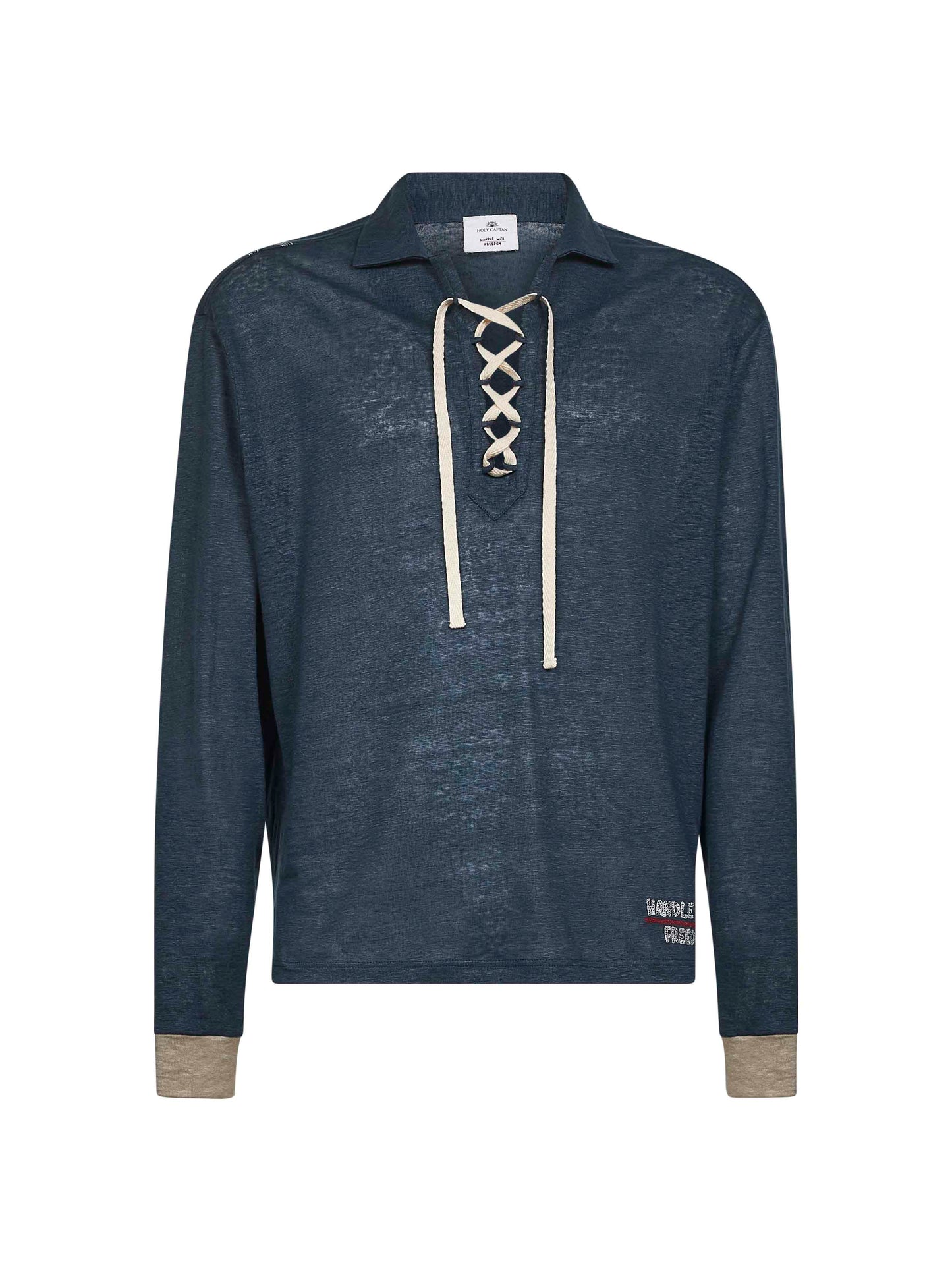 T-shirt a manica lunga ricamata in lino blu
