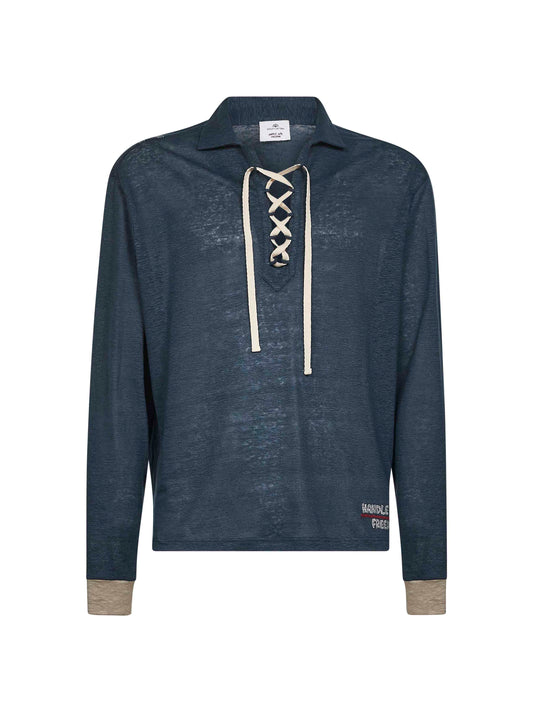 Blue linen embroidered long-sleeved T-shirt