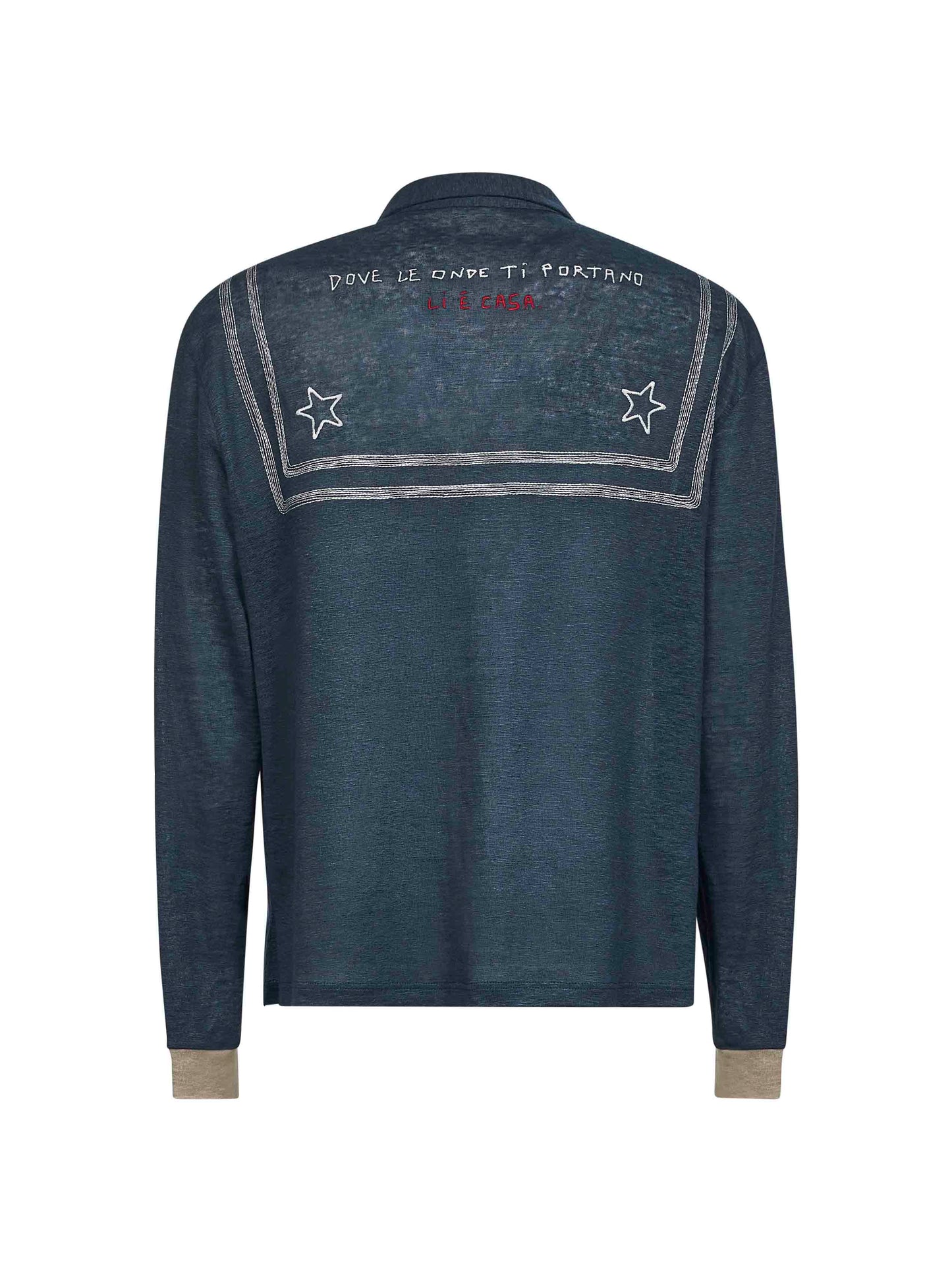 T-shirt a manica lunga ricamata in lino blu