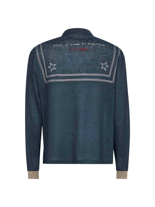Blue linen embroidered long-sleeved T-shirt
