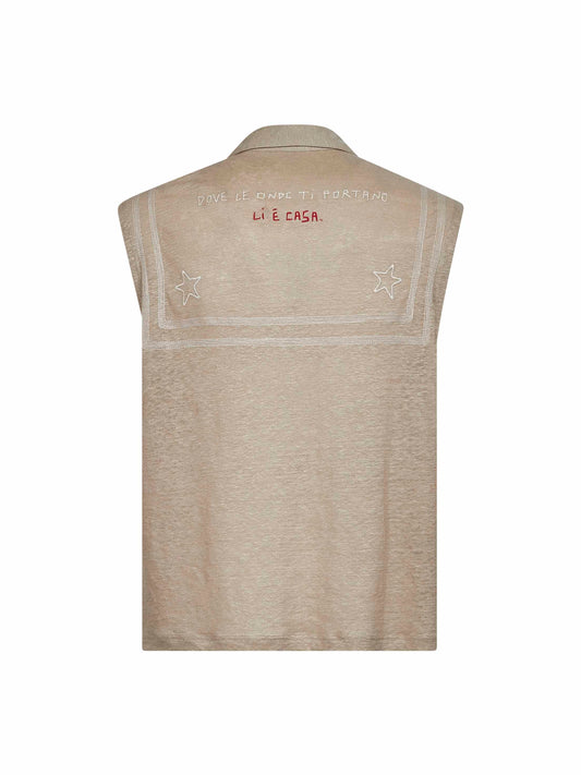 Beige linen embroidered vest