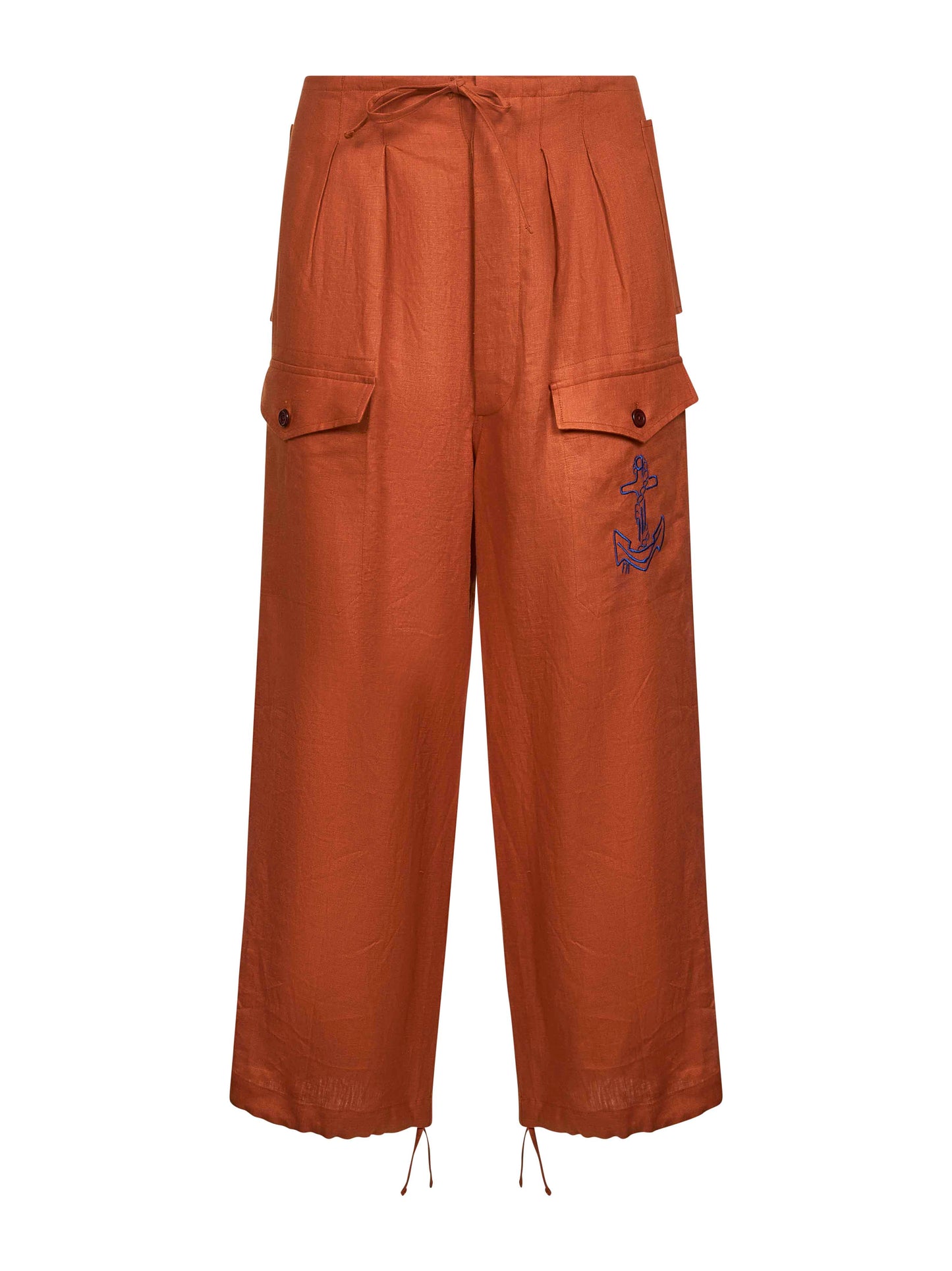 Orange linen Ancora embroidered trousers