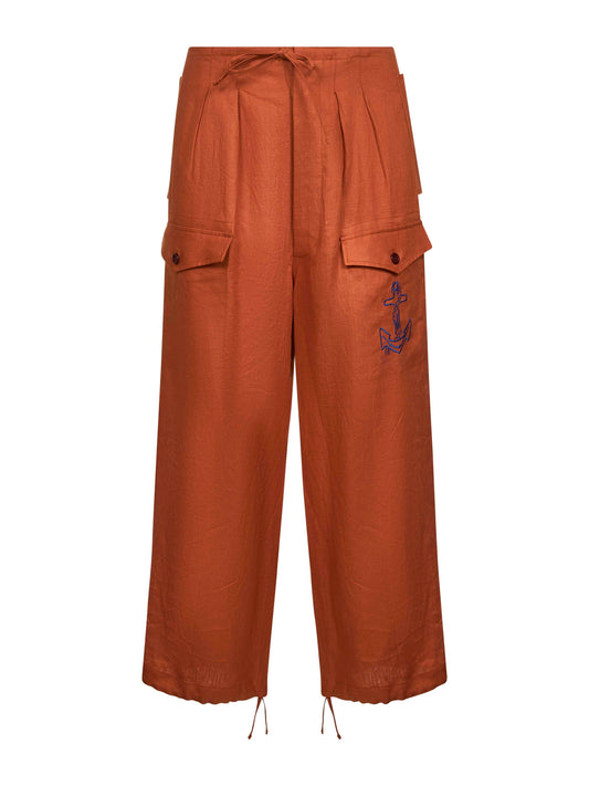 Orange linen Ancora embroidered trousers