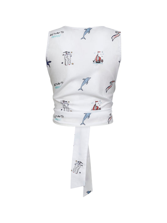 White poplin Return To printed cropped top