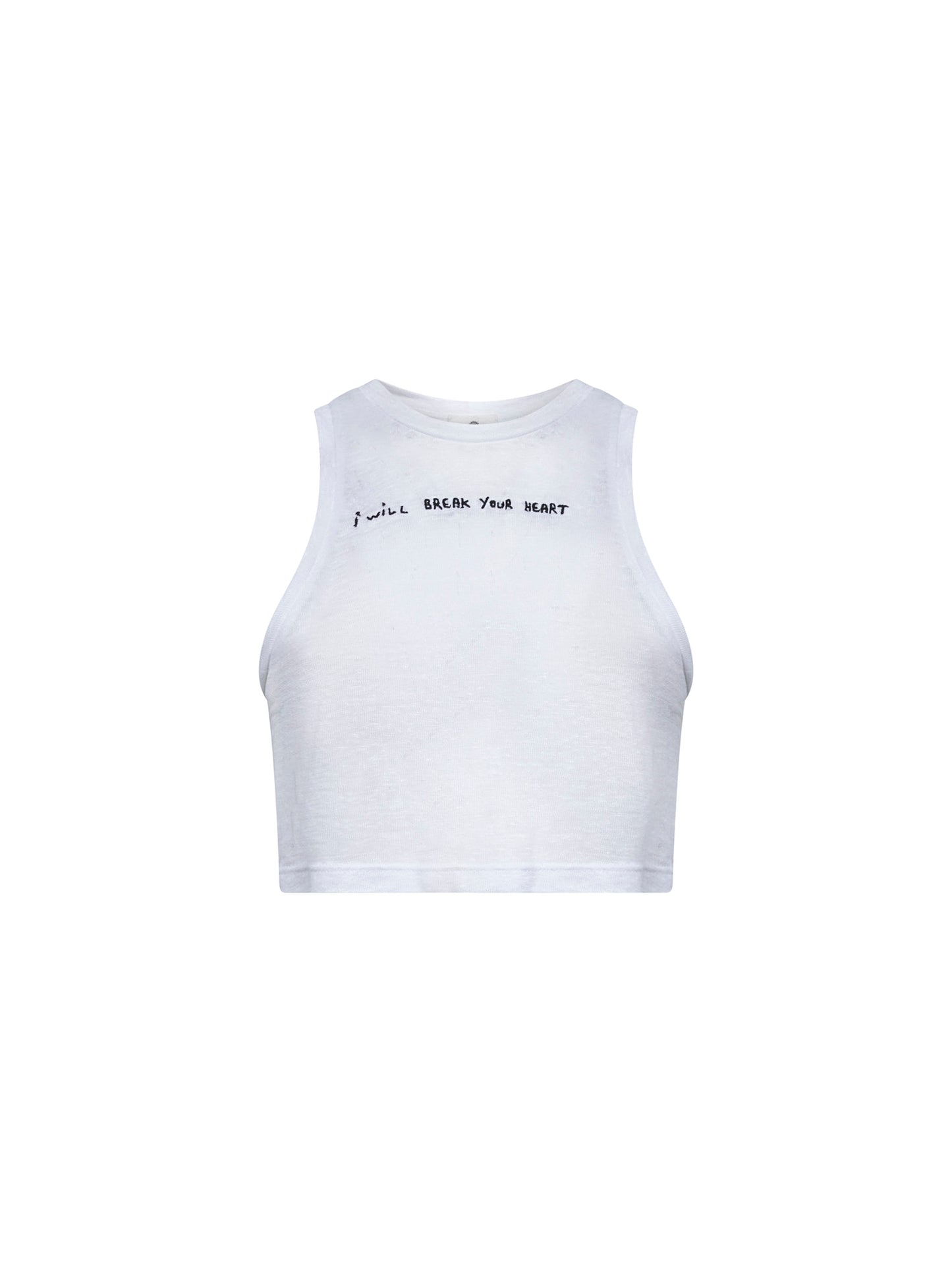 Canotta crop Break Your Heart in lino bianco