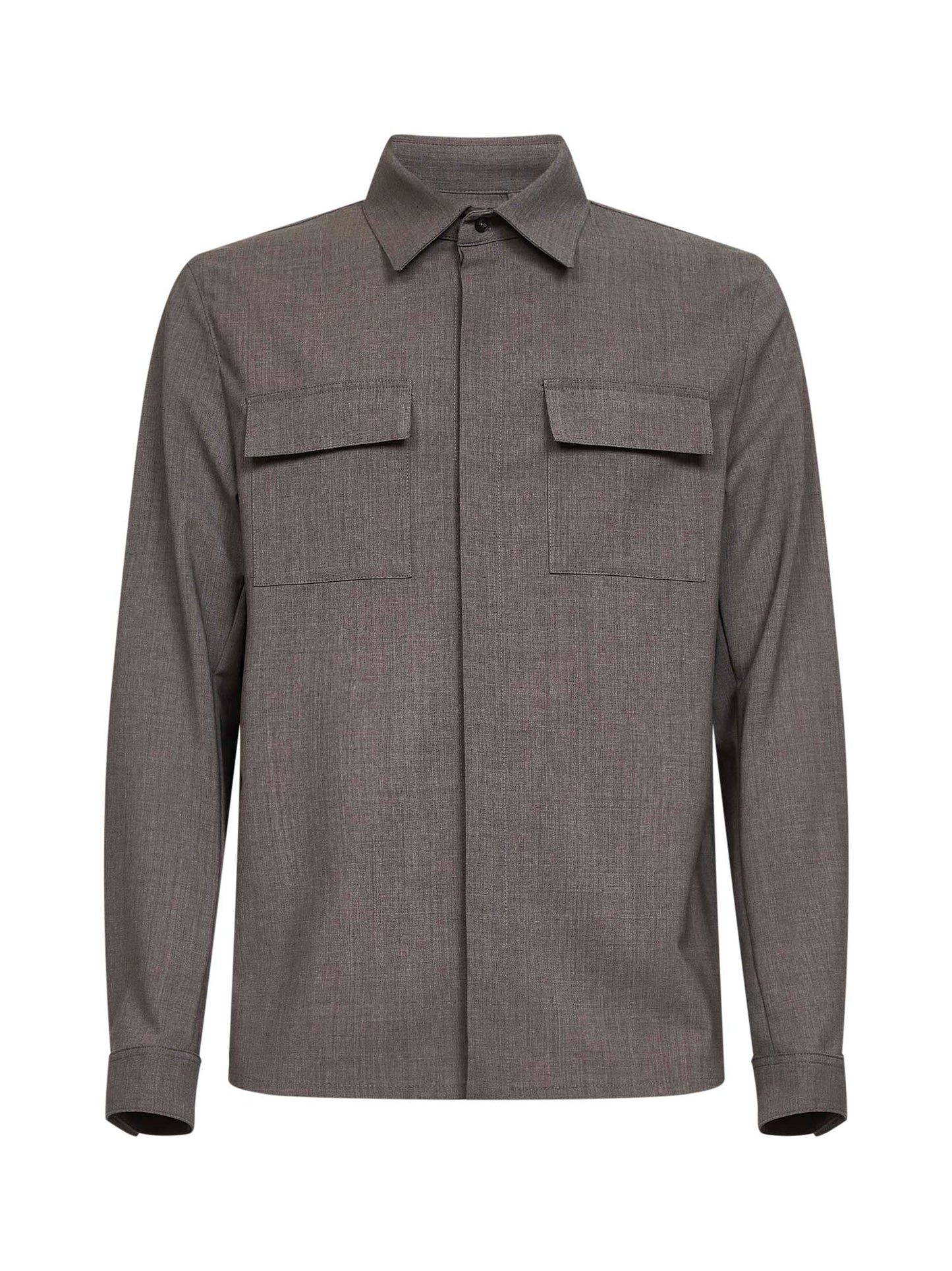 Camicia in tela di lana bi-stretch tortora<BR/>