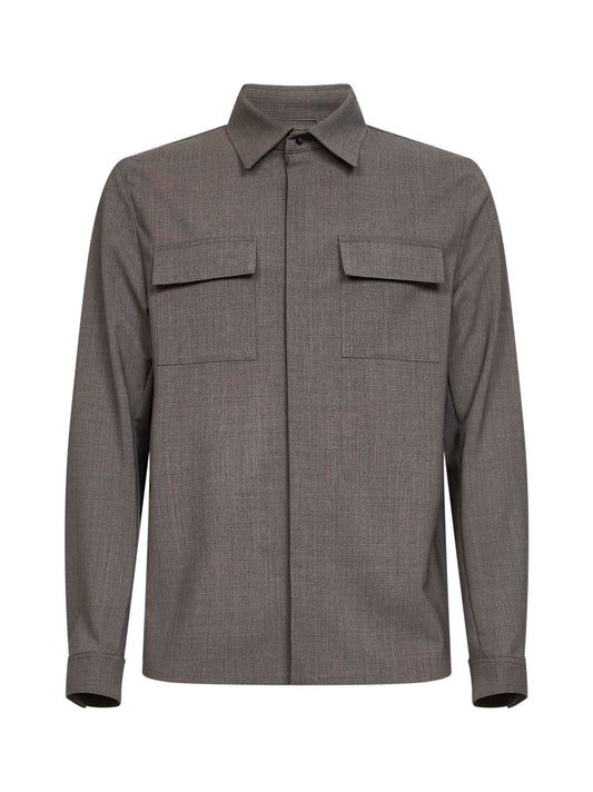 Camicia in tela di lana bi-stretch tortora<BR/>