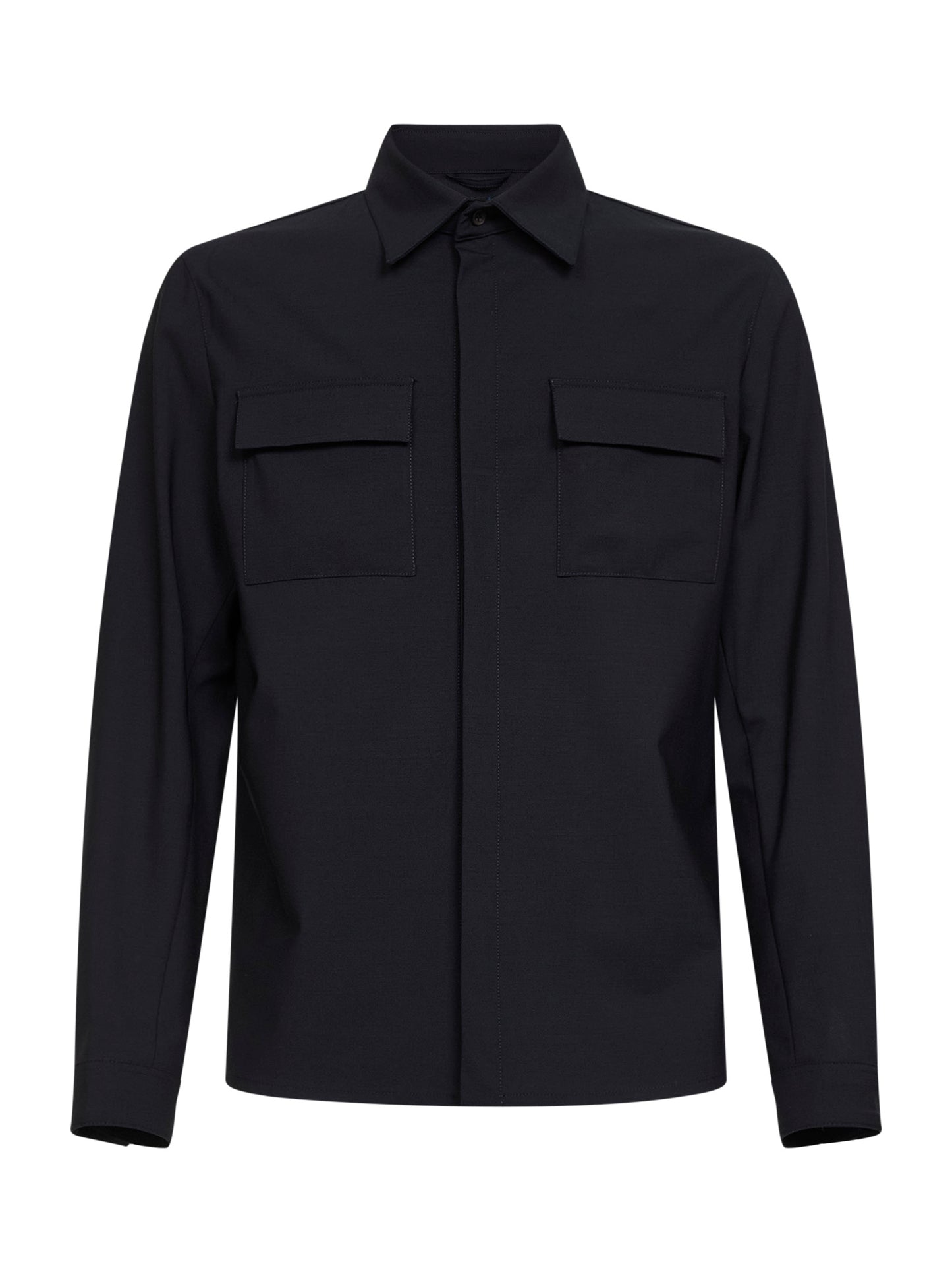 Camicia in tela di lana bi-stretch blu navy