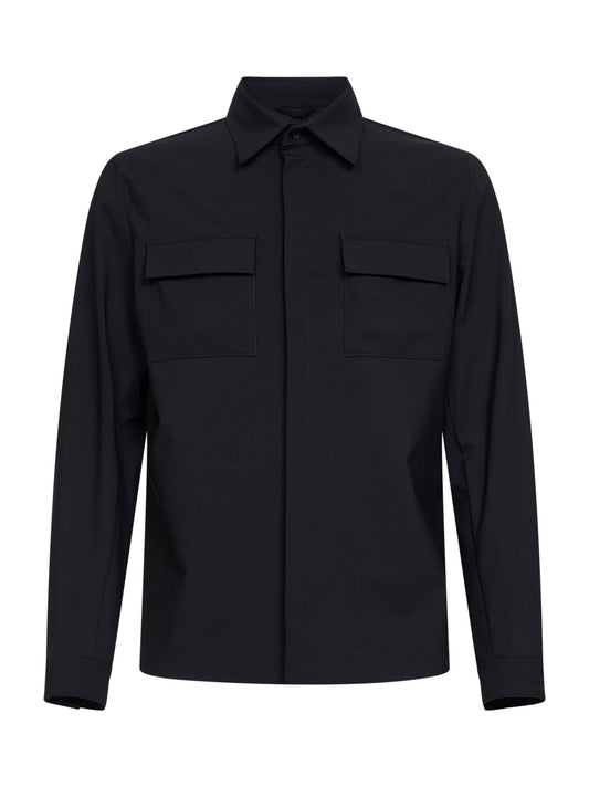 Navy blue bi-stretch wool canvas shirt