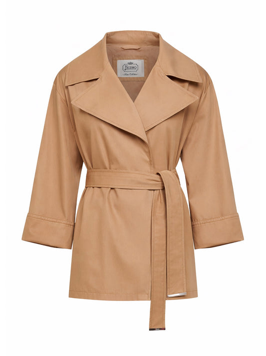 Camel cotton gabardine belted raincoat