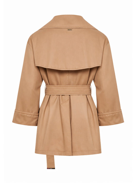 Camel cotton gabardine belted raincoat