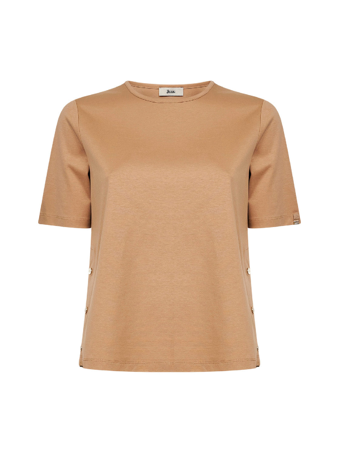 T-shirt in jersey di cotone cammello con spacchi