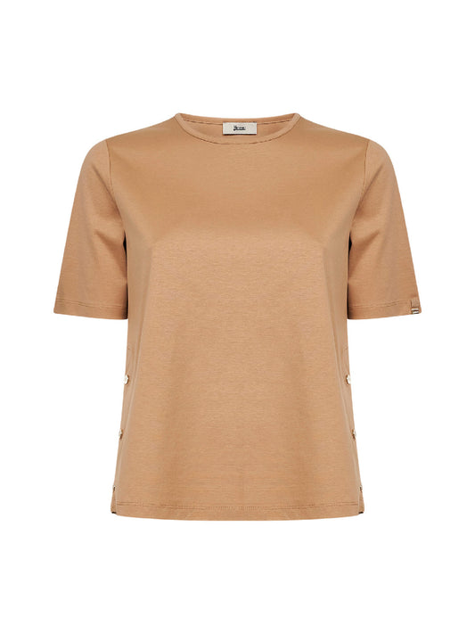 T-shirt in jersey di cotone cammello con spacchi