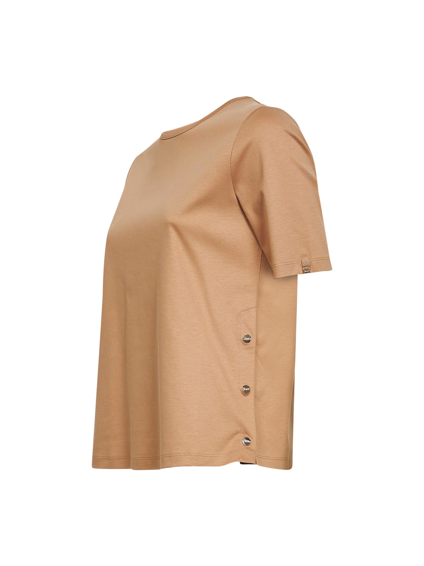 T-shirt in jersey di cotone cammello con spacchi