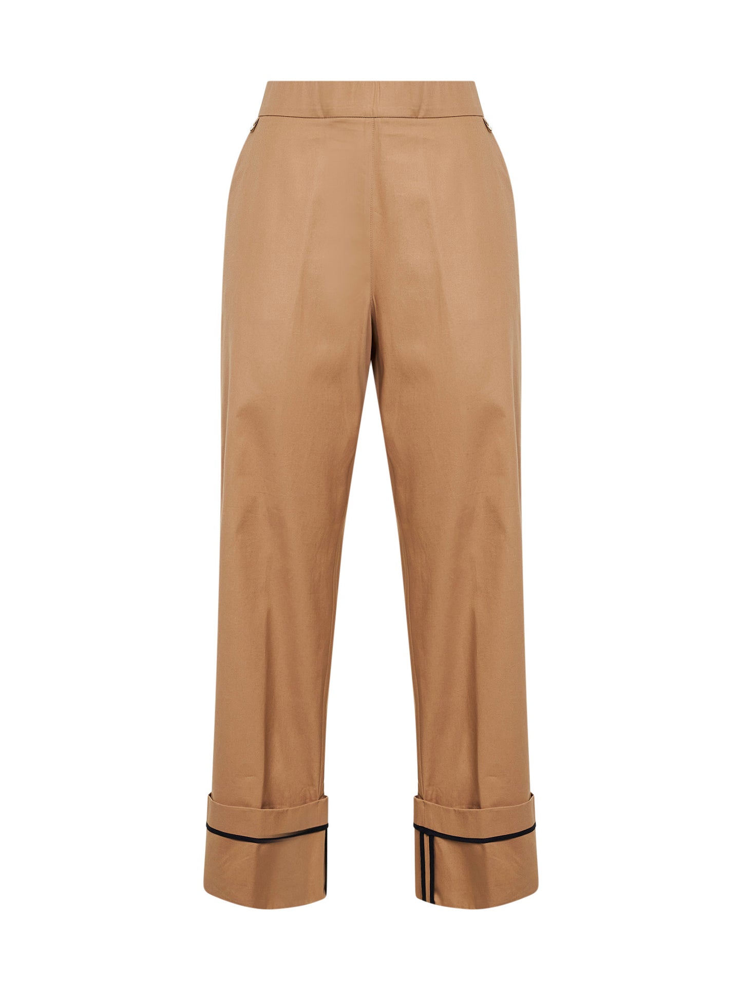 Camel cotton gabardine trousers with turn-up hems