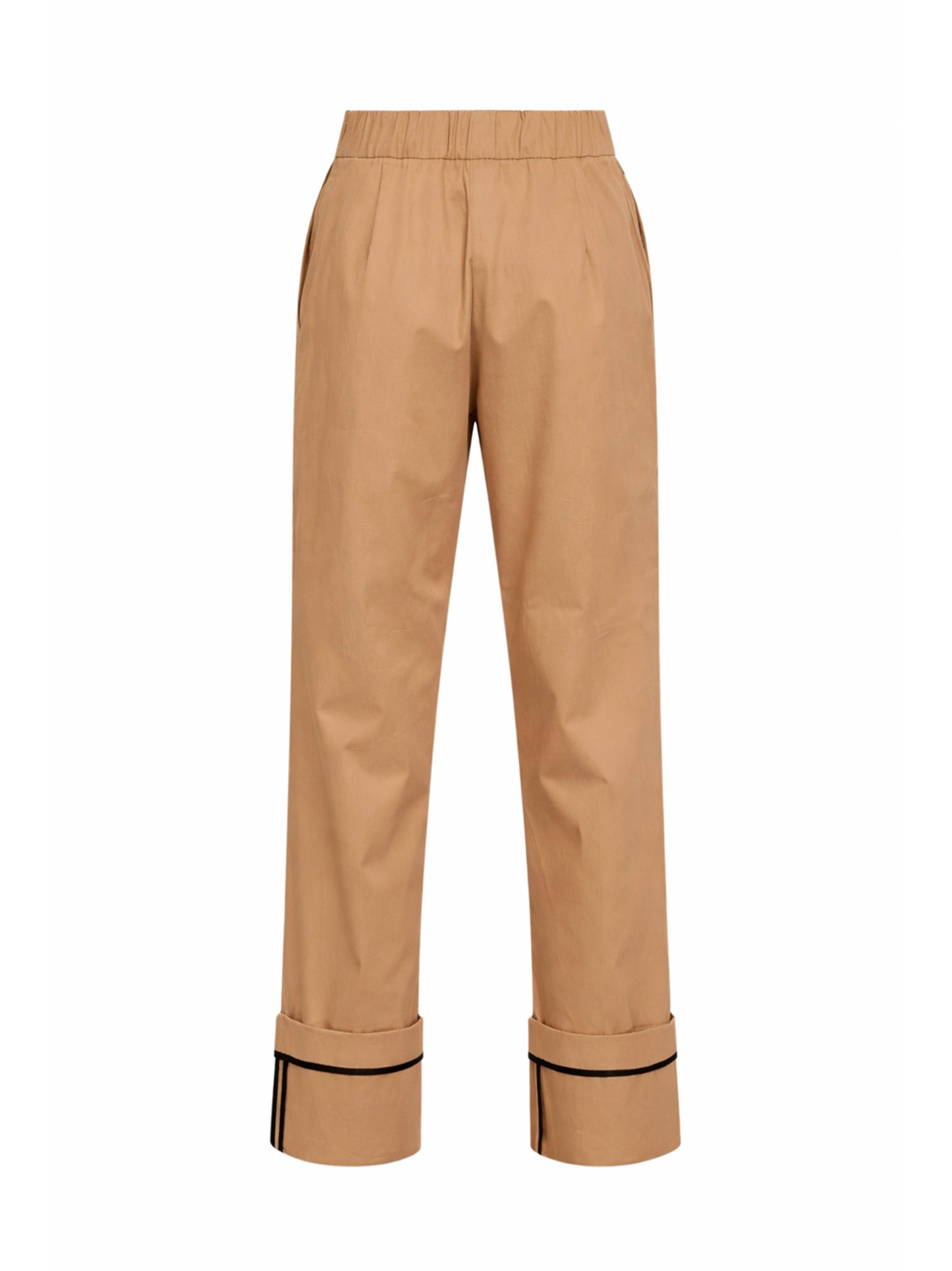 Camel cotton gabardine trousers with turn-up hems