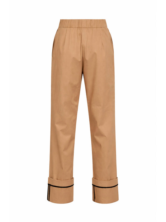 Camel cotton gabardine trousers with turn-up hems