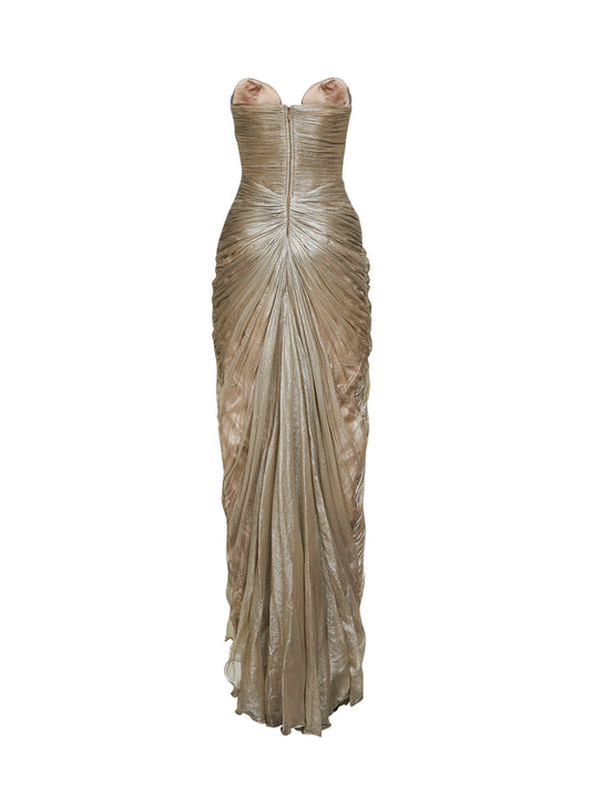Beige silk metallic tulle Cleopatra column long dress