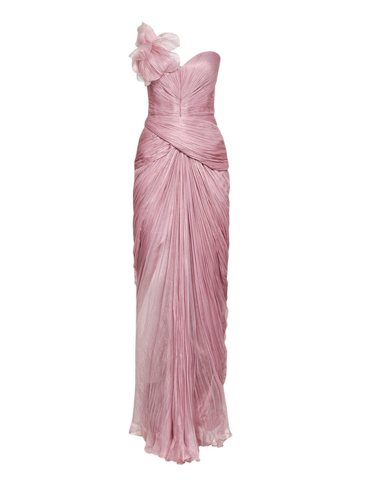 Pink silk metallic tulle Suriel long column dress