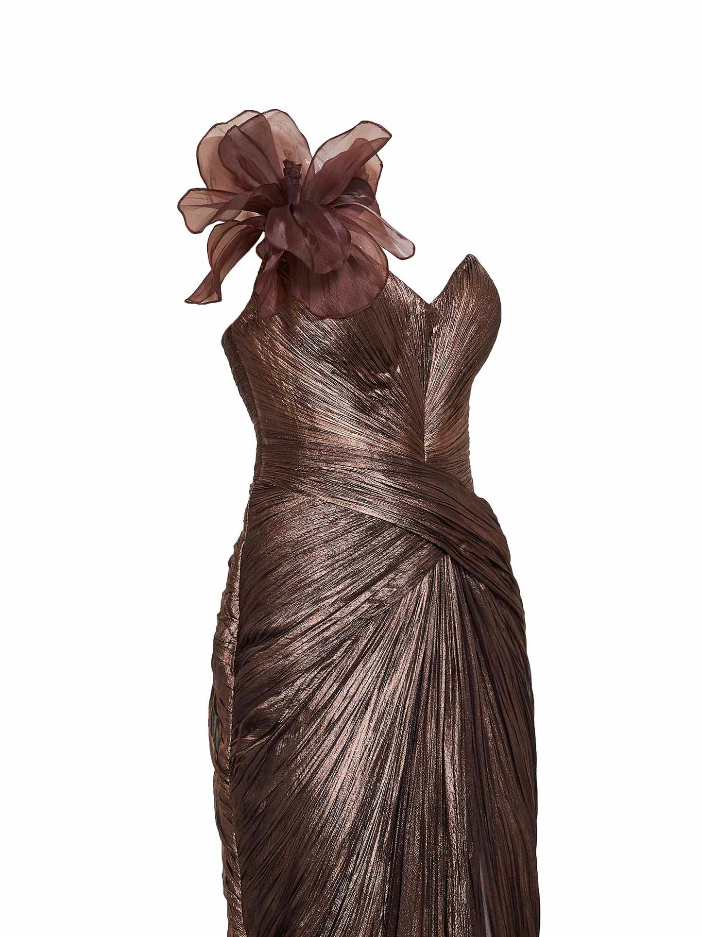 Brown silk metallic tulle Suriel long column dress