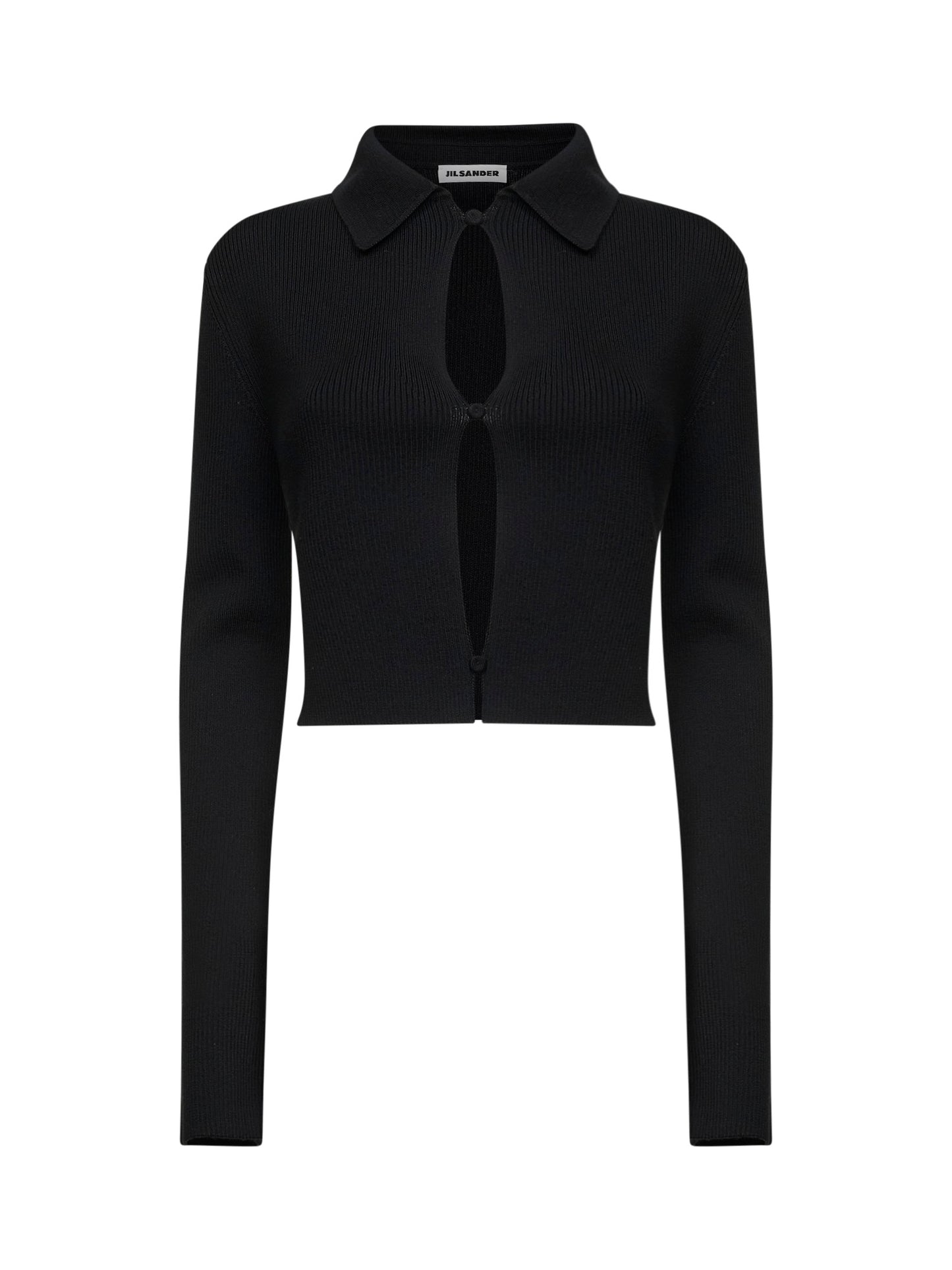 Black merino wool cropped cardigan with cut-outs