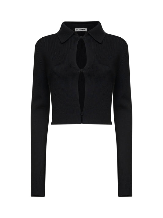 Black merino wool cropped cardigan with cut-outs