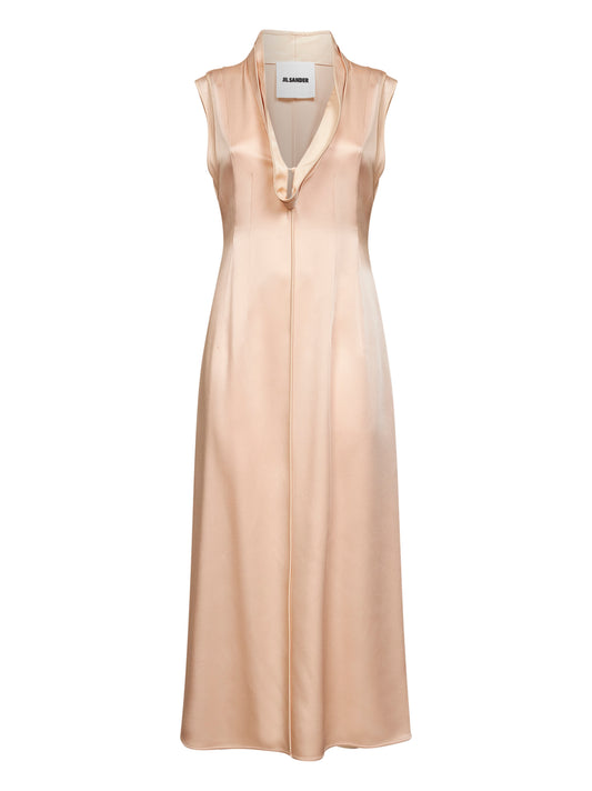 Pink satin fluid midi sleeveless dress