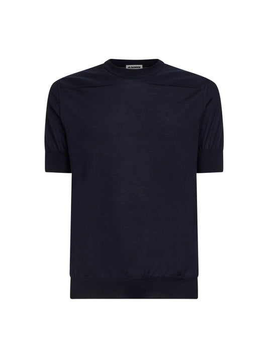 Blue wool knit short-sleeved sweater