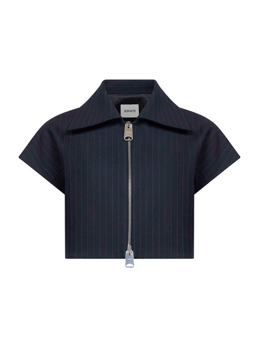 Robin blue pinstriped suiting zip-up top