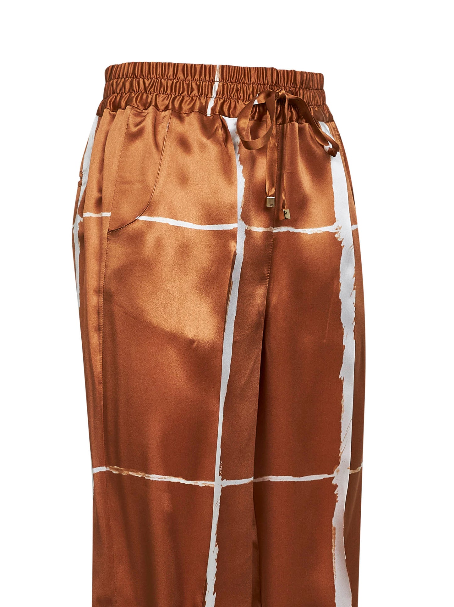 Pantacoulisse in seta stampata cuoio e bianco