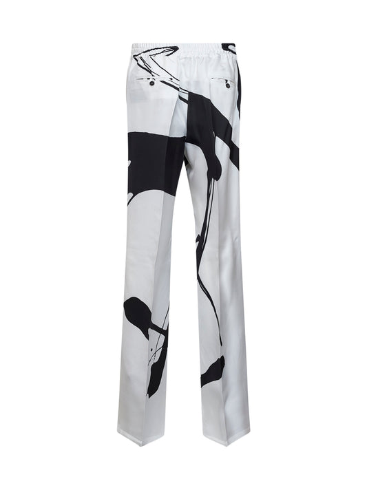 White and black printed silk trousers