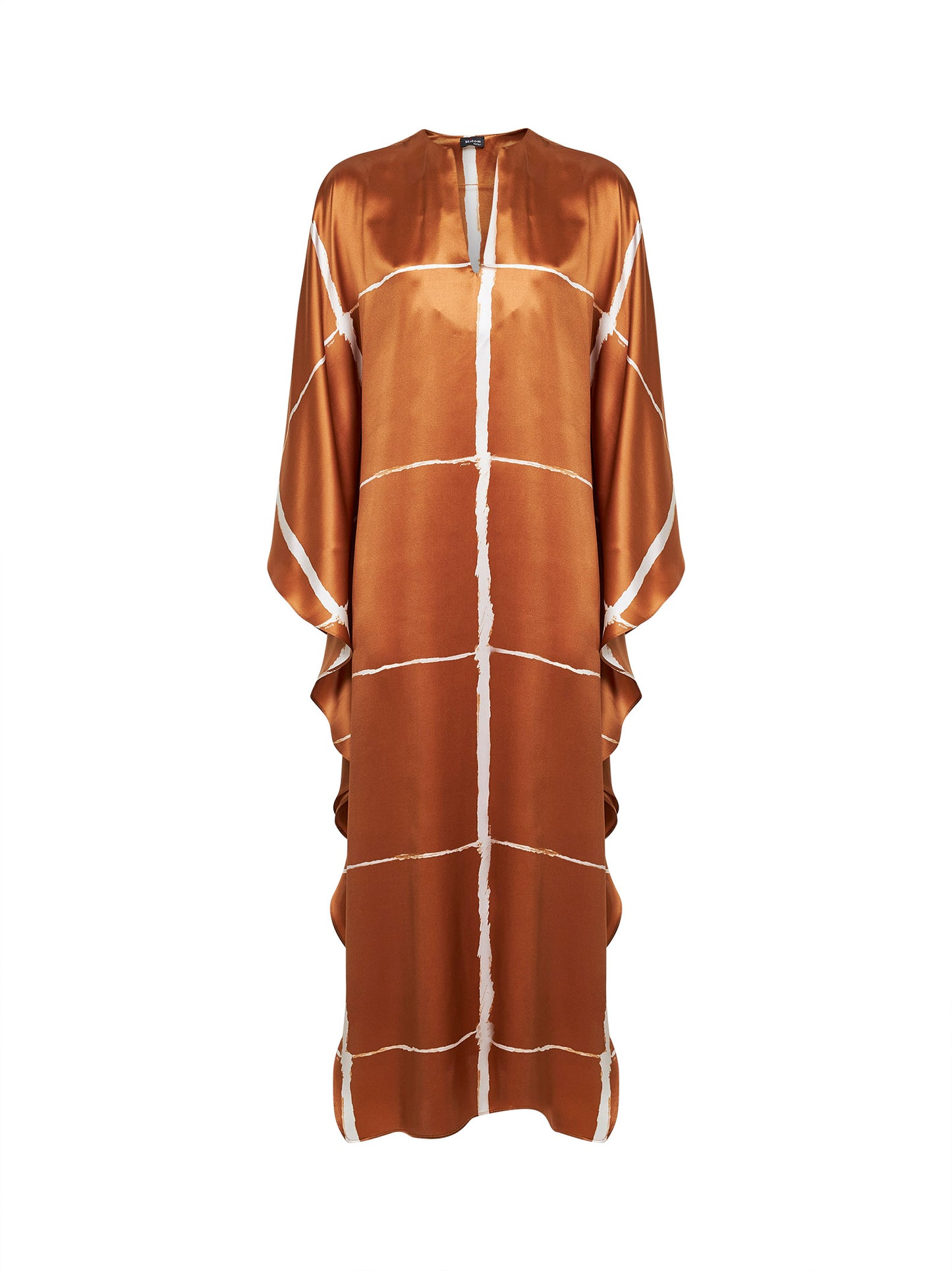 Tan and white printed silk satin long kaftan dress