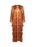 Tan and white printed silk satin long kaftan dress
