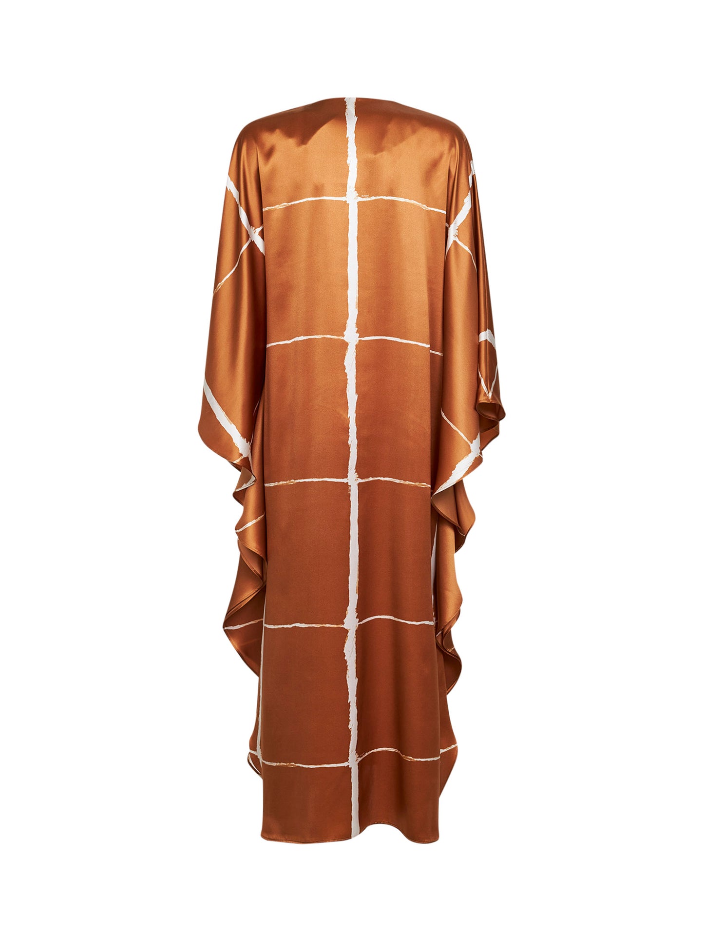 Tan and white printed silk satin long kaftan dress