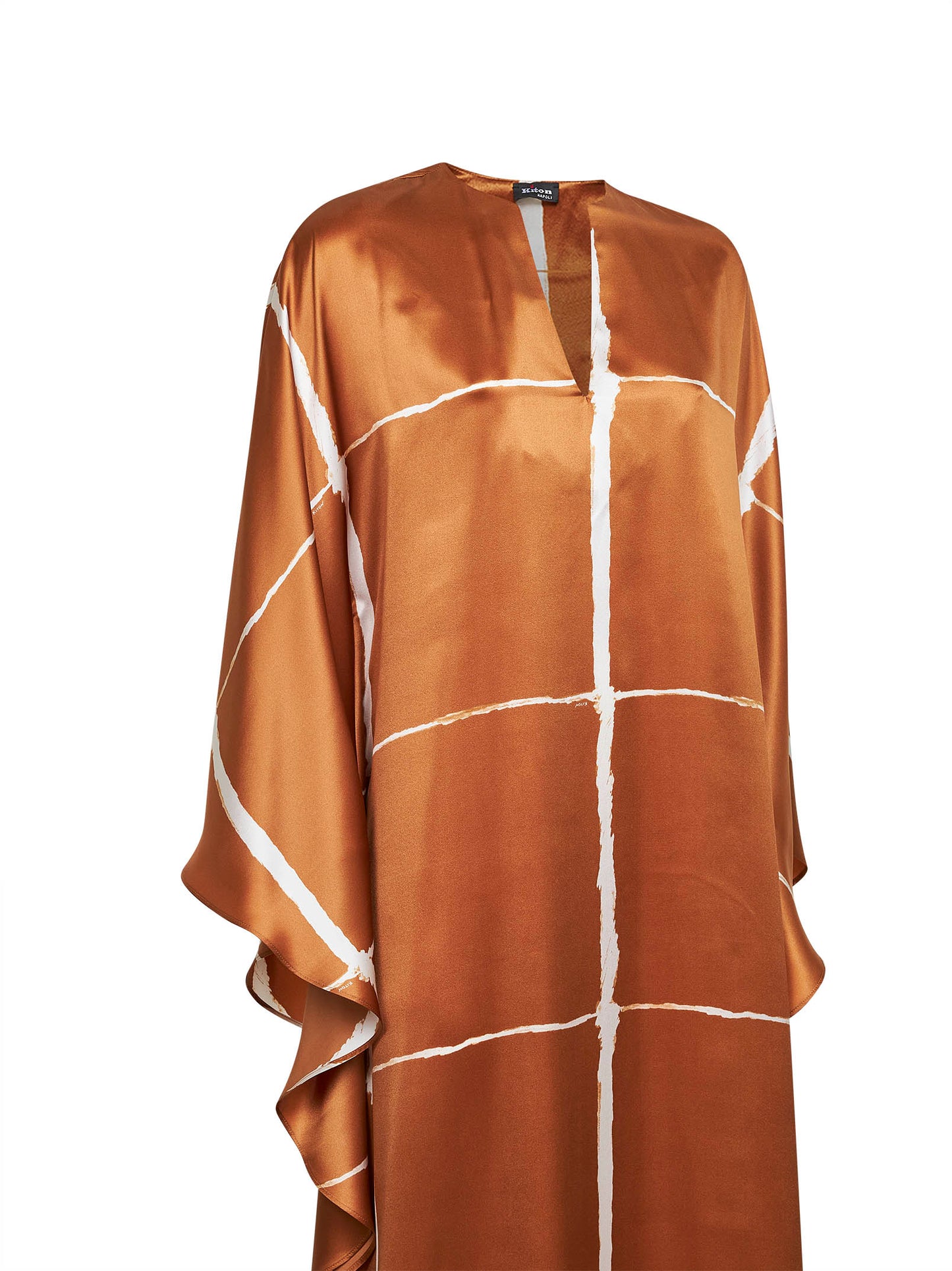 Tan and white printed silk satin long kaftan dress