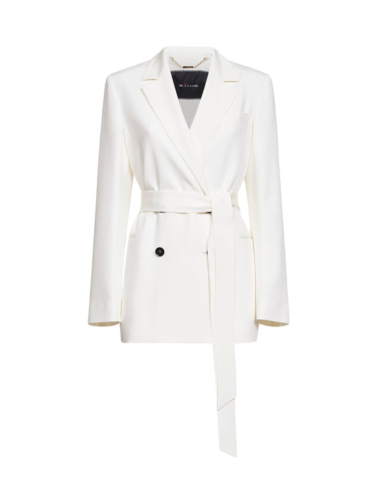 Blazer doppiopetto con cintura in raso di seta stretch bianco