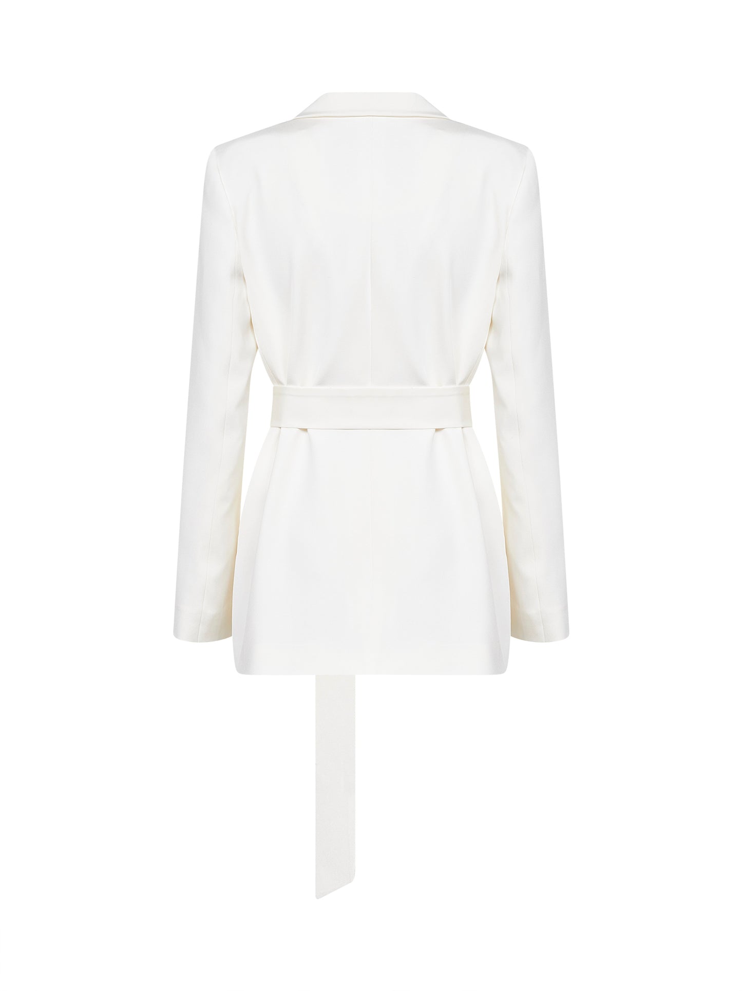 White stretch silk satin belted double-breasted blazer