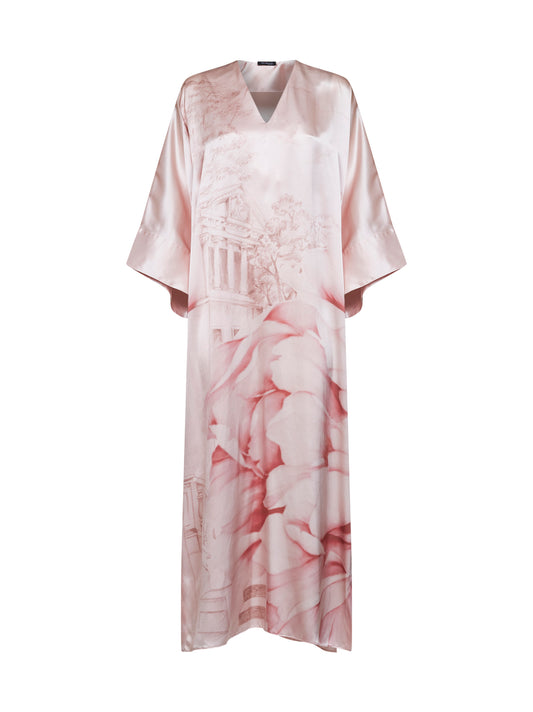 Light pink printed silk long kimono dress