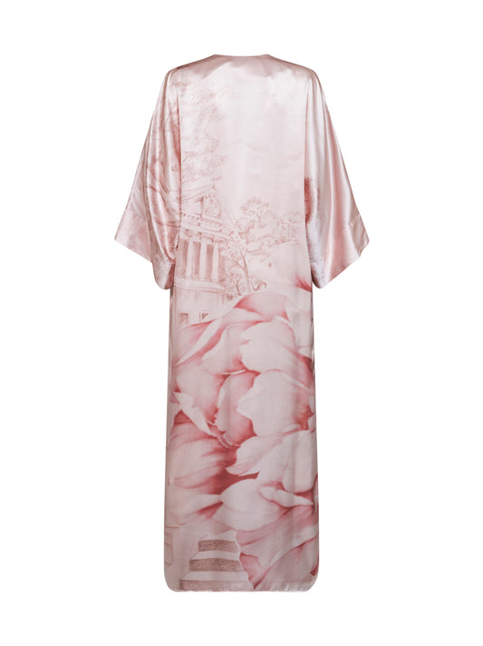 Light pink printed silk long kimono dress