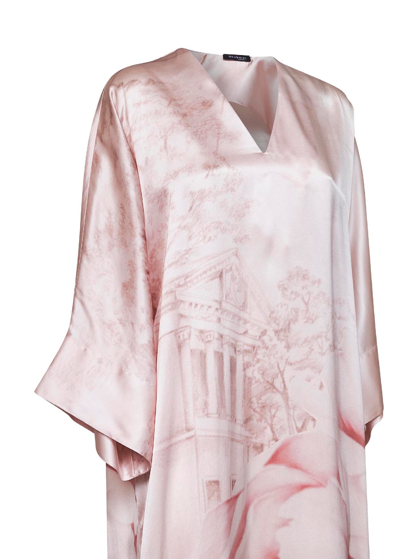 Light pink printed silk long kimono dress