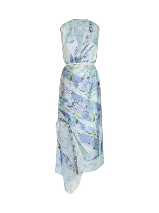 Light blue floral silk wrap midi dress