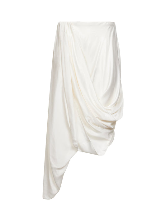 Off-white cupro draped asymmetric midi skirt