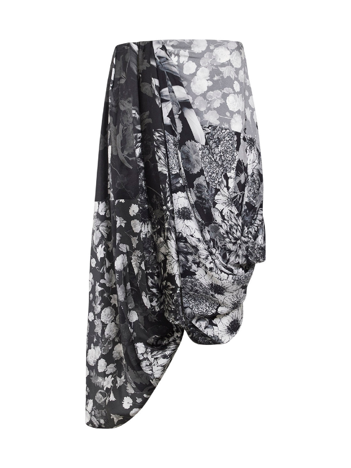 Printed silk asymmetric draped midi skirt