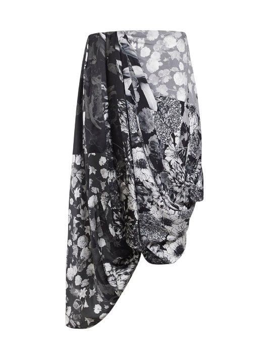 Printed silk asymmetric draped midi skirt