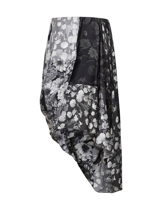 Printed silk asymmetric draped midi skirt