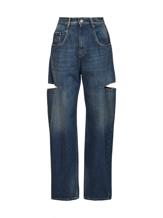 Washed indigo denim slash details jeans